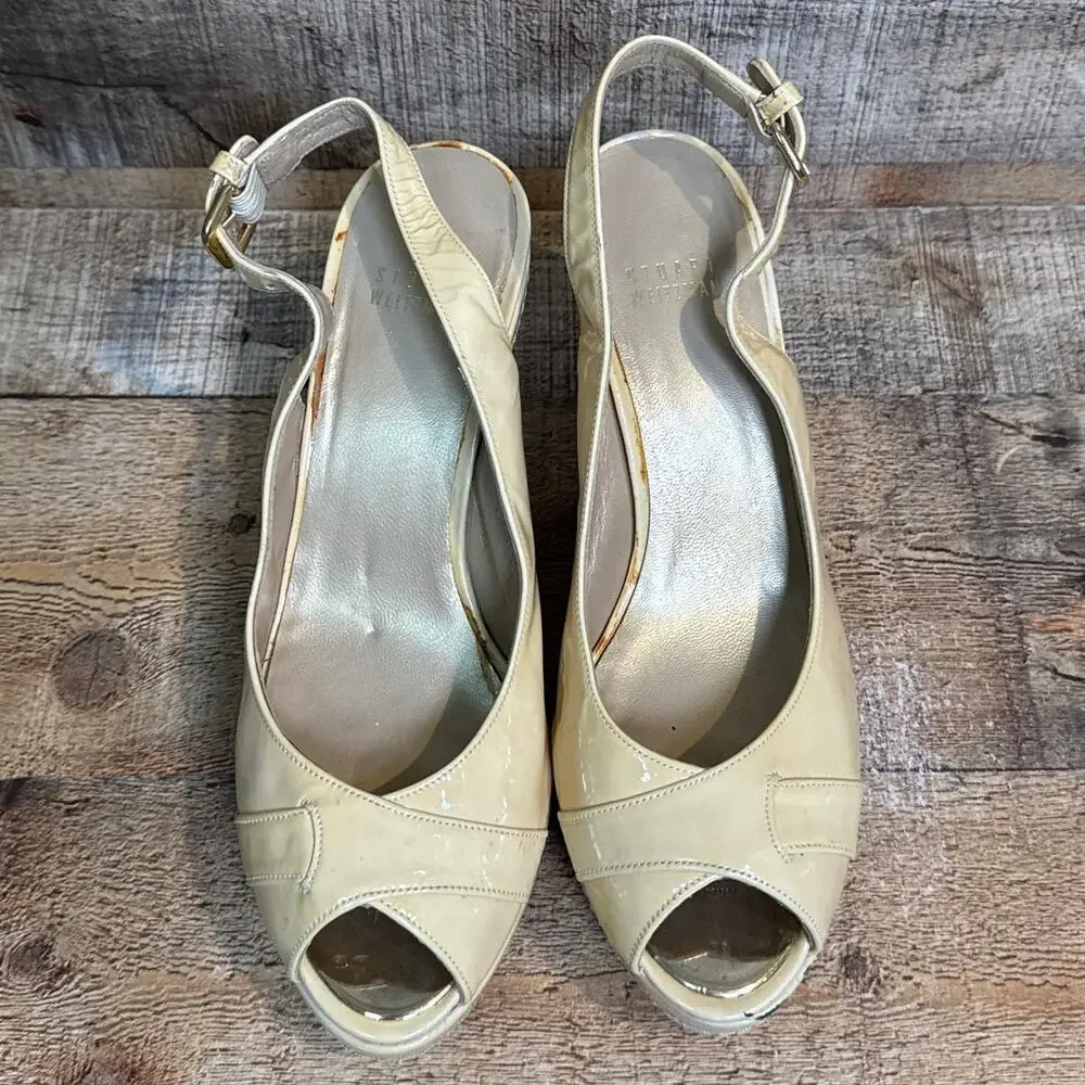 Stuart Weitzman Patent Leather Tan Wedge Slingback Heels Peep Toe Size 8 - Picture 11 of 14